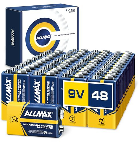 Piles alcalines Allmax à Puissance maximale de 9 V Block (6LR61) (48 pièces) – Durée de Vie Ultra Longue : 7 Ans, étanche, adaptée aux appareils – Idéale pour détecteurs de fumée et alarmes Incendie.