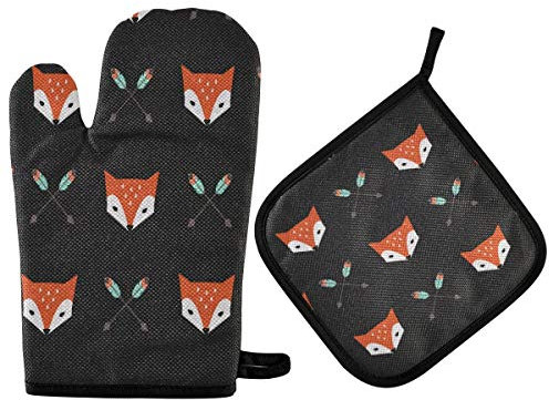 AUUXVA Oven Mitts and Pot Holders Sets Animals Arrow Fox Heat Resistant Cotton Oven Gloves Hot Pads Non Slip Washable Potholder for Cooking Kitchen Grilling Baking BBQ