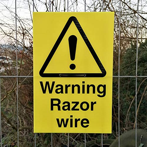 Warning Razor Wire - Security Sign c/w drill holes and cable tie - 200mm x 300mm fluted plastic (corex) - deterrent against theft and criminal damage