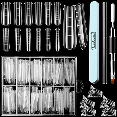 Sumind 120pcs Nail Dual Forms Gel Extension Set 12 Sizes Engraved with Numbers with Nail Clips, Gel Brush Pen 600/3000 Grit Buffer, Clear for DIY Nails Extension Salon Home