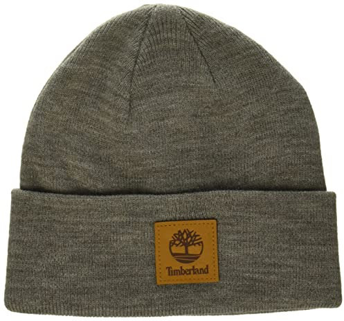 Timberland Damen Classic Tall Beanie-Mütze, Hellgrauer melierter Lederaufnäher, Einheitsgröße