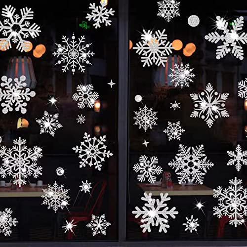 HBell Weihnachts-Schneeflocken-Aufkleber,110 Stück, wiederverwendbar,Weihnachts-Fensteraufkleber, statisch, selbsthaftend,PVC-Schneeflocken,Winterparty-Zubehör, Ornamente (weiß)