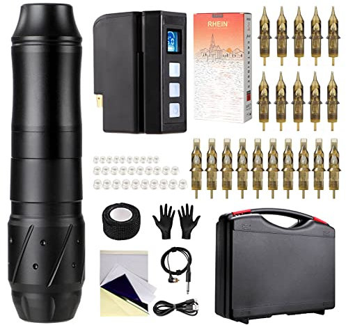 HAWINK Tattoo Pen Kit Rotary Tattoo Gun Machine mit Wireless Tattoo Power Supply 20Pcs Cartridge Tattoo Nadeln mit Koffer EM155P198EN02KIT-1