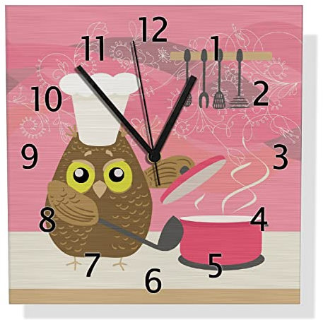 Wallario Design Wanduhr Lustige Eule beim Kochen mit Kochmütze aus Aluverbund, Alu-Uhr Größe 30 x 30 cm, Schwarze Zeiger mit Metalloptik