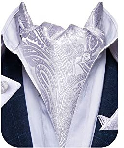 DiBanGu Ascot-Krawatten für Herren, 100 % Seide, Paisley-Krawatte für Herren, Hochzeit, Jacquard, gewebte Herren-Krawatte und Einstecktuch, Silber, Weiß