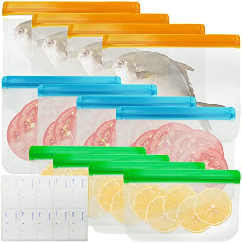 SZCXDKJ Reusable Silicone Freezer Bags + Freezer Labels, Reusable Food Bags, Eco-Friendly and Leakproof Ziplock Bags with Triple Zip Closures-12 Packs