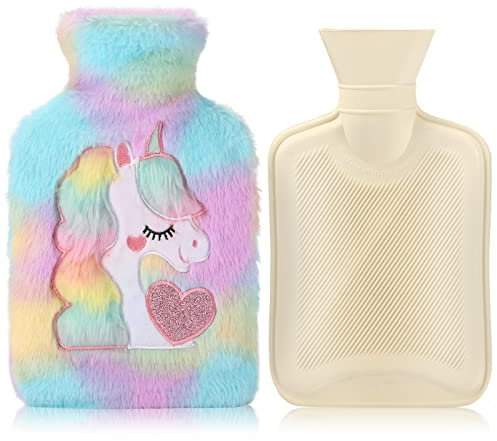 Hot Water Bottle with Cover,Removeable & Washable Soft Unicorn Plush Bottle Cover Warm in Winter,Natural Rubber 1 L for Neck,Waist,Back,Legs,Shoulder (Green)