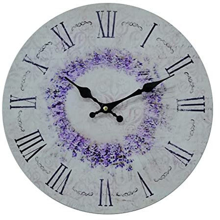 Rebecca Mobili Orologio Da Muro, Orologio Da Appendere Cucina, Mdf, Bianco Nero Viola, Stampa Fiori, Stile Shabby Chic - Diametro 33,8 cm x P 4 cm - Art. RE6806