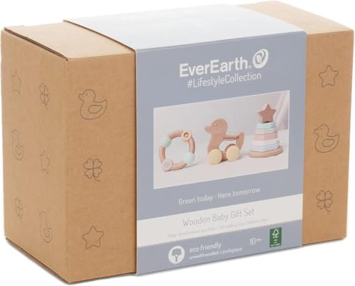 EverEarth Geschenkset für Babys aus nachhaltigem Holz – Babyspielzeug-Set mit Greifling, Beißring und Motorikspiel – Umweltfreundlich und sicher mit unbedenklichen Wasserfarben – Geschenkset EE33903