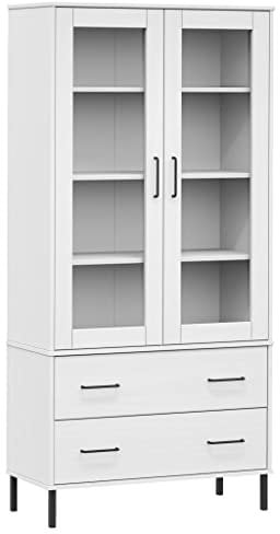 vidaXL Bücherschrank mit Metallbeinen Vitrine Vitrinenschrank Holzschrank Beistellschrank Hochschrank Schrank Wohnzimmer Weiß 85x35x172,5cm Massivholz