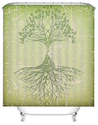 EHOMERY Duschvorhang Schienensystem Duschrollo Mit Motiv Baum Und Wurzel Polyester Grün Rostfreie Ösen Und 12 Hakenringe, 90X180Cm