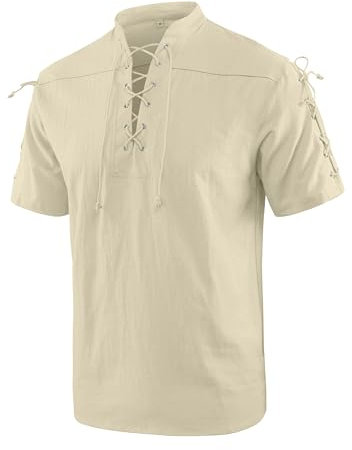 YAOBAOLE Herren Mittelalter Hemd Kurzarm Viking Kostüm Schnürhemd Herren Leinenhemden Herren Khaki 3XL