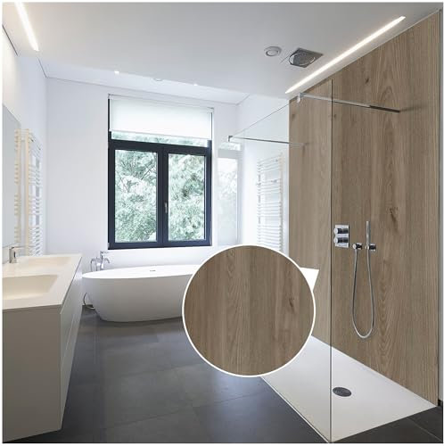 WALLando Pannello posteriore doccia di alta qualità, 250 x 100 cm, facile da montare, per doccia e bagno, pannello doccia in PVC di alta qualità, effetto legno, satinato, rovere rustico