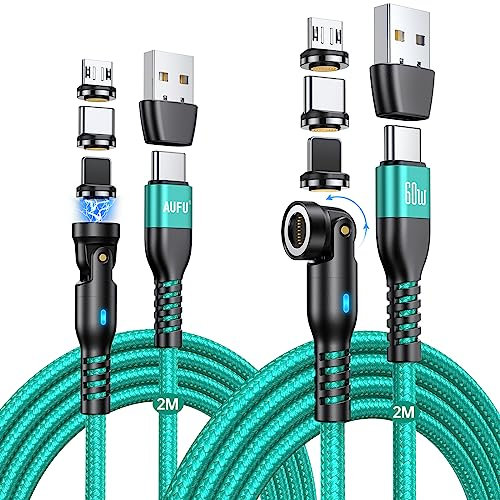 AUFU Magnet Ladekabel 60W, 9Pin [2M+2M] Schnellladen Magnetisches Ladekabel 6 in 1 USB A/USB C auf Typ C Ladekabel Magnetisch 360°&180° Rotierendes Magnetkabel mit Typ C/Micro USB
