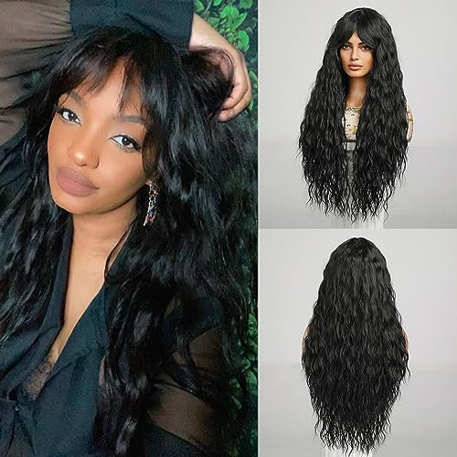 Allbell Perücke Damen Balck lockige Perücken für Frauen,lange lockige Welle Perücke mit Pony,natürlicher schwarzer Haarersatz täglich cospaly Gebrauch