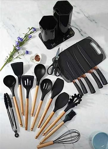 19 pezzi utensili in silicone set di utensili da cucina accessori da cucina per la casa set completo di utensili da cucina con set di coltelli da taglio (nero)