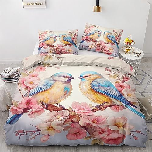 GEDAEUBA Blumen Vögel Bettwäsche 135x200 Sommer - Blumen Vogelmotiv Bettbezug 135 x 200 2er Set, Wendebettwäsche und Kissenbezug 80x80, Weiche Mikrofaser Bettwäsche-Sets mit Reißverschluss