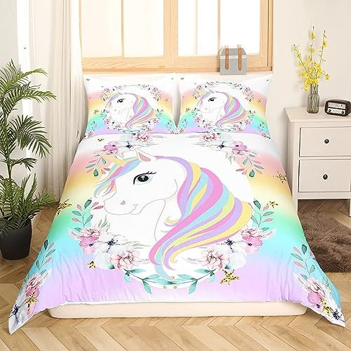 Enfants filles arc - en - ciel Licorne Literie Set Mignon Fleur Licorne Housse de Couette 220x240cm Ensemble Animaux Magiques Parure de Lit Dream Licorne housse de couette, 2 taie d'oreiller