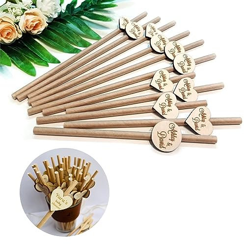 ZYMECH 20/50/100PCS Cannucce di Carta Incise Personalizzate Appende Etichette in Legno Cannucce di Tè A Bolla Monouso Bere Cannucce Personalizzate Bomboniere di Nozze Baby Shower Forniture Decorazioni