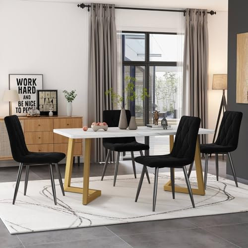 Sweiko Ensemble Table et Chaises(5 Pièces),Table de Salle à Manger aux Pieds Dorésavec 4 Chaises de Noir Twill Velours,Moderne Cuisine Rectangulaire Ensemble Table et Chaises Set (Noir+Or)