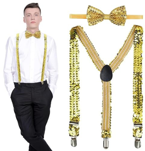 FMKLDENA Hosenträger mit Pailletten, Pailletten Hosenträger und Fliege, Pailletten Hosenträger Set, Einstellbar Elastisch, für Fasching Party-Tanzaufführung