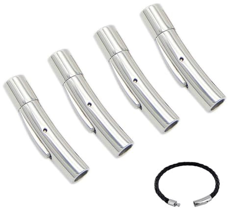 DOYUKY 4 Stück Lederband Verschluss, 4mm Hebeldruckverschluss, Edelstahl Magnetverschluss Passt, Lederband-Armband-Verschluss, für Schmuckherstellung, Halsketten, Schnalle, Silber