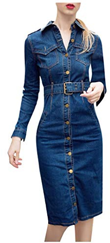 Damen Frühling Sommer Elegant Bodycon Jeanskleid Langarm Rundhals Knopf Knielang Epaulet Denim Blusekleid Partykleid Cocktail Kleid Mit Gürtel Denim Kleider Slim Fit Wickelkleid Knielang Midi Kleid