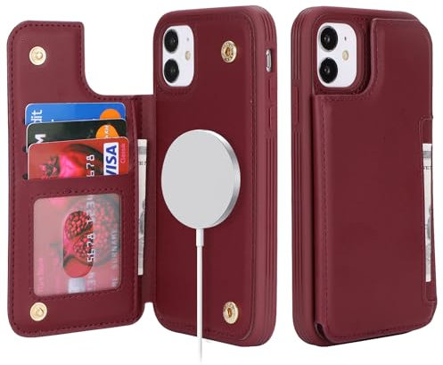 SailorTech for iPhone 11 Case with Credit Card Holder Magsafe, iPhone 11 Phone Leather Case for Women Compatible mag safe Card Slots Durable Shockproof Wallet Case - Burgundy