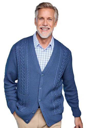 Tootal Men's Chunky Cable Knit Cardigan with Pockets Soft Cotton Blend with 5 Button Fastening Denim L