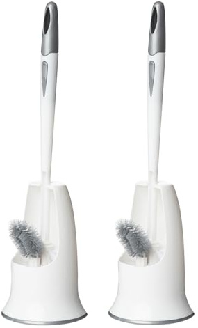 Ryhiac 2 Pack Toilet Bowl Brush with Holder for Bathroom, Under-Rim Double Brush Head, Long Handle Household Cleaning Brushes Set (2 Pack Grey Brush with Holder)