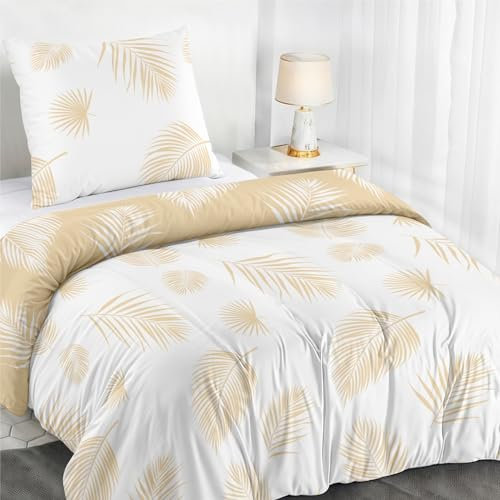 Dreamzie Bettwäsche Set 140x200 cm mit 1 Kissenbezügen 65x65 cm - Motiv Tropische Palmblätter Beige und Weiß - Bettwäsche 140x200 Einzelbett aus 100% Mikrofaser - Zertifiziert Oeko TEX