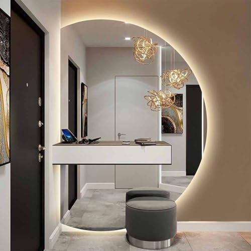 ZYBOWAYL Moderne Miroir de Courtoisie à LED, Dimmable 3000-6000K, Désembuage Miroir de Salle de Bain Demi-Cercle 110/120cm, Miroir Décoration Mural Demi Lune avec Éclairage, Vertical(Left Cut,90cm)