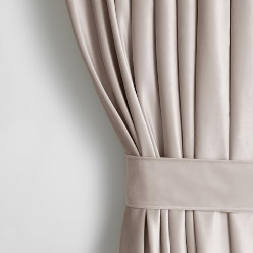 AmeliaHome Set Vorhang H 270 x B 140 cm mit Raffhalter 54 x 10 cm Velvet Optik Hellbeige 1 St. Ösenschal Samt Halbverdunkelungsvorhang Fensterdekoration Dekoschal Dekorvorhang