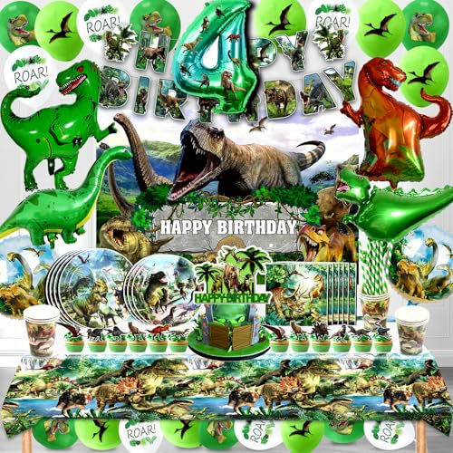 Decoration Anniversaire Dinosaure 4 Ans,Dinosaur Anniversaire Set 146 Pcs avec Ballon Hélium,Jungle Dinosaurs Vaisselle Kit,Déco Dinosaure Fête 4 Ans Garçons Filles