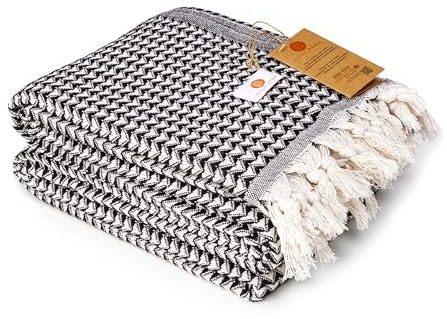 Buena Zeba Traditionelle Baumwolldecke mit Zickzack-Muster, Fransen, 200 x 235 cm (Schwarz)