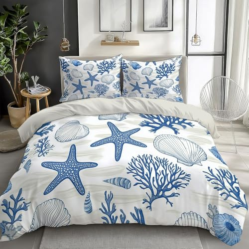 CozyRest Bettwäsche Set 3-teilig, 135 x 200 cm Blauer Seestern Koralle Muscheln Bettbezug mit Reißverschluss und Eckenbändern, 2 Kissenbezüge, Pflegeleicht, für Einzelbett