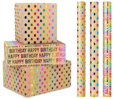 CHEPULA Geschenkpapier Geburtstag 3 Rollen, 43 cm x 300 cm Glitzernde Geschenkpapierrolle Erwachsene Kinder, Braun Kraftpapier Recycelbar Geschenk Papier, Birthday Gift Wrapping Paper für Geburtstag