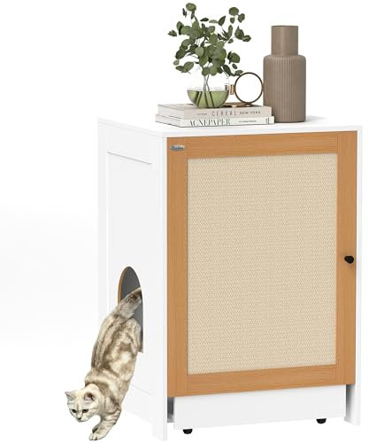 PawHut Arenero para Gatos Mueble Arenero con Bandeja Extraíble Compartimentos Ruedas y Tapete para Rascar Caja de Arena para Gatos para Interior 57x50x80,5 cm Blanco y Roble