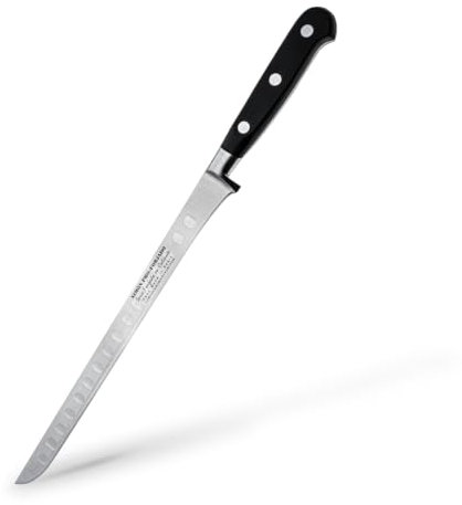 Cuchillo Jamonero Profesional Simón PRO Forjado-Hoja Corta Alveolada 30 cm -Acero Forjado Español -Mango Ergonómico de Fibra Negra - Funda de Piel Marrón Incluida - Ideal para Cortar Jamón