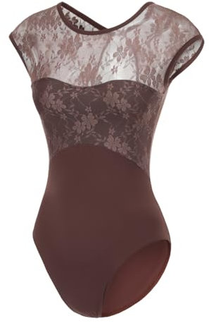 Lanbodance Kurzärmeliger Ballettanzug für Erwachsene, Tanz, Gymnastik, Body, Braune Spitze, XL