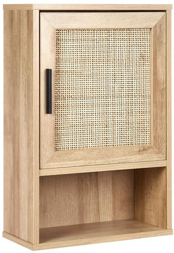 Armoire de Toilette Boho 40 x 60 cm Façade Tressée Meuble de Rangement Salle de Bain Bois Clair Rosell