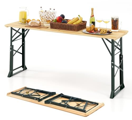 GIANTEX Table à Manger Pliante en Bois de 168,5 x 50 cm, Hauteur Réglable 75-105 cm, Trou pour Parasol Ø 6 cm, Cadre Métallique Robuste, Table de Pique-Nique pour Jardin Terrasse