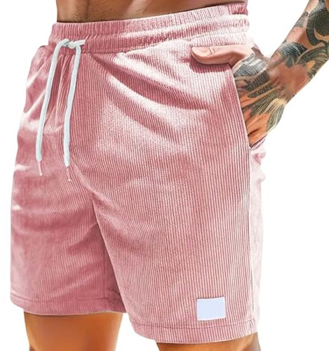 Corduroy Short court pour homme - En velours côtelé - Léger - Couleur unie - Avec poches - Bermuda - Short de loisirs - Cordon de serrage - Short de sport vintage, Rose - D, XL