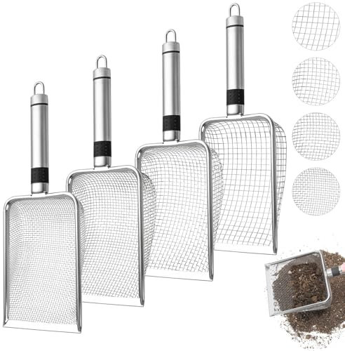 Juego de colador de acero inoxidable (4 filtros: 2 mm/2,8 mm/3,8 mm/5 mm) – Colador de compost | Colador de arena y guijarros | Para jardín, playa y arenero | Inoxidable y duradero con mango | Ideal