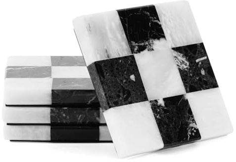 Marble Coasters Set of 4, Handmade Black & White Zebra Checkered Square Stone Coasters, 4 Inch Drinks Coasters for Living Room Table, Office Desk Accessories & Modern Home Décor Gift