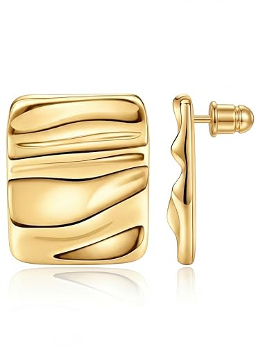 MUMREUES Chunky Gold Earrings for Women Trendy 14K Gold Plated Statement Stud Earrings Hypoallergenic Lightweight Square Vintage Wave Geometric Drop Earring Jewelry Gifts