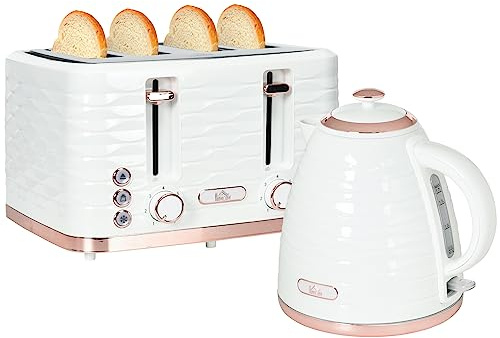 HOMCOM Wasserkocher Toaster Set Frühstück-Set mit 1,7L Wasserkocher, 4 Scheiben Toaster, 2200 W, 7 Bräunungsstufen, Auftauen, Aufwärmen und Krümelfach, Otter Thermostat, Cremeweiß