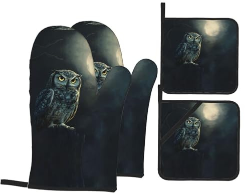 Guanto Forno Gufo Al Chiaro Di Luna Stampato 4 Pezzi Lavabili Guanti Isolanti Addensare Kitchen Baking Set Per Kitchen Pizza Grill