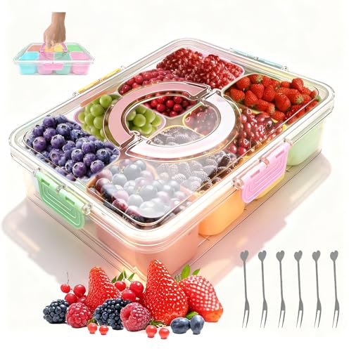 ChilArt Snackbox mit 8 Fächern,mit 6 Obstgabeln plus Besteckbeutel,Tragbare Snackdose zur Aufbewahrung,Snackteller mit Deckel von Obst,Chips,Gewürzen,für Partys,Picknicks und mehr