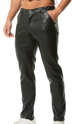 QiaTi Herren Kunstlederhosen Casual Stretch PU Leder Schwarz Straight Leg Slim Fit Hose Motorrad Nacht Club Lange Hose